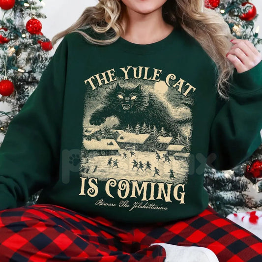 The Yule Cat Is Coming Sweatshirt | Jólakötturinn Icelandic Folklore Jumper | Spooky Gothic Christmas Crewneck | Warning Holiday Gift-Pasimax