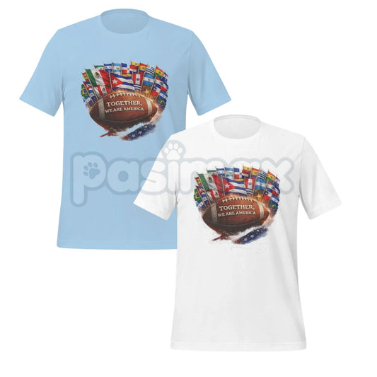 "Together We Are America" Football Graphic T-Shirt - Latino Heritage Sports Tee, Premium Heavyweight Valentine's Day Gift for Men, Vintage Unity Gridiron Shirt, Hispanic Pride Football Apparel, Made in USA Custom Graphic Top-Pasimax