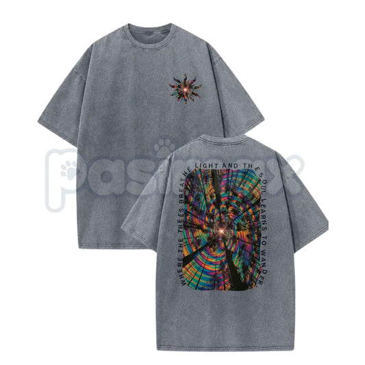 Trippy Forest Graphic Tee – Psychedelic Festival Streetwear Y2K T-Shirt, Vintage Acid Washed Lightweight Cotton Unisex Top-Pasimax