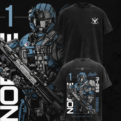 Noble Team V3 Halo Reach T-Shirt – Double Printed Spartan Graphic Tee, Vintage Acid Washed Lightweight Cotton Oversized Gaming Streetwear Top
