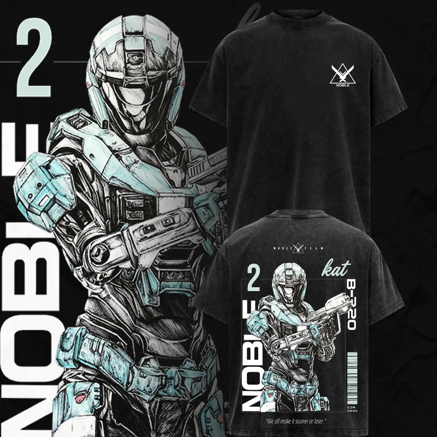 Noble Team V3 Halo Reach T-Shirt – Double Printed Spartan Graphic Tee, Vintage Acid Washed Lightweight Cotton Oversized Gaming Streetwear Top