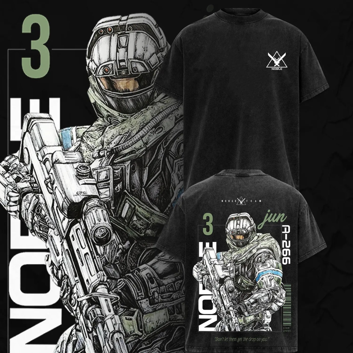 Noble Team V3 Halo Reach T-Shirt – Double Printed Spartan Graphic Tee, Vintage Acid Washed Lightweight Cotton Oversized Gaming Streetwear Top
