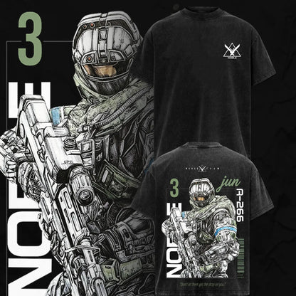 Noble Team V3 Halo Reach T-Shirt – Double Printed Spartan Graphic Tee, Vintage Acid Washed Lightweight Cotton Oversized Gaming Streetwear Top