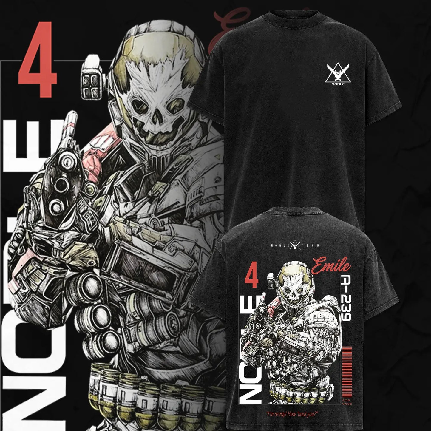 Noble Team V3 Halo Reach T-Shirt – Double Printed Spartan Graphic Tee, Vintage Acid Washed Lightweight Cotton Oversized Gaming Streetwear Top