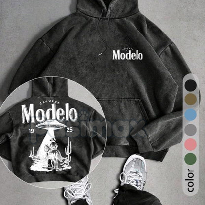 UFO Cowboy Showdown Hoodie – Men's Retro Washed Streetwear, Unique Graphic Pullover-Pasimax