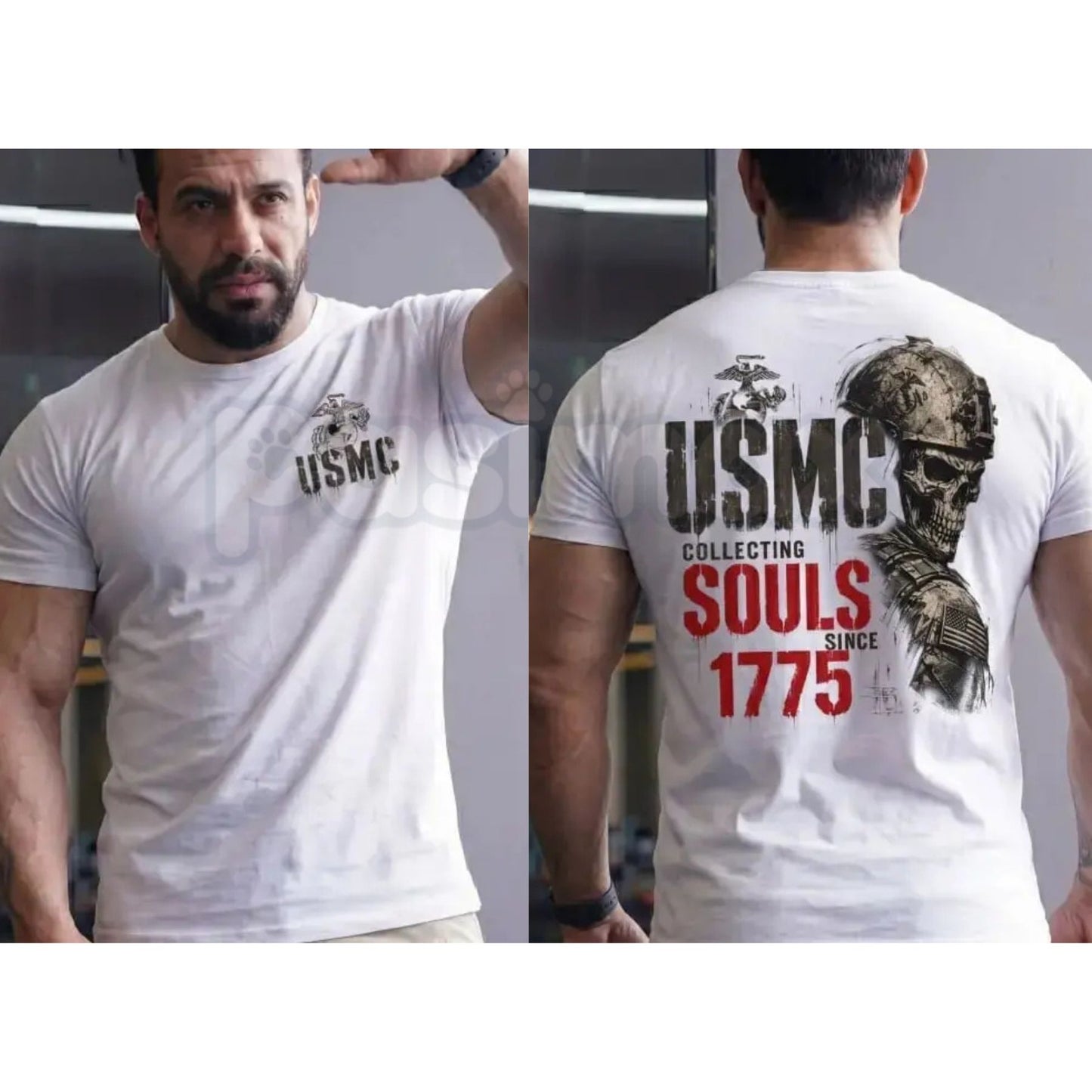USMC 1775 Skull Print T-Shirt – Marine Corps Birthday Graphic Tee, Classic US Marine Vet Pride Unisex Cotton Shirt-Pasimax