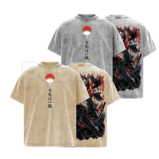 Uchiha Clan Slayer Red Eye T-Shirt – Crow Illusion Shinobi Graphic Tee, Oversized Vintage Washed Dark Ninja Streetwear-Pasimax