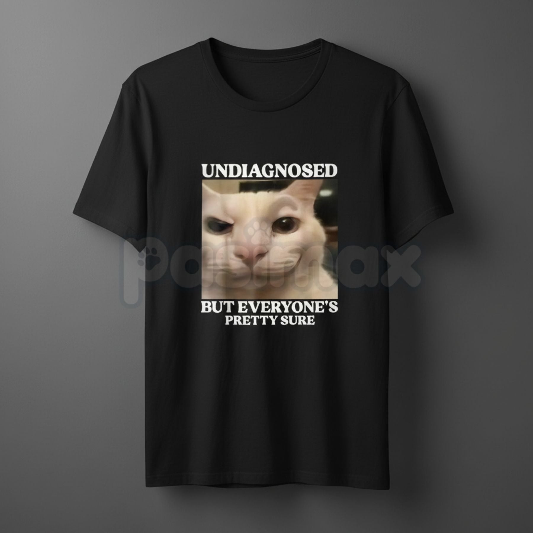 "Undiagnosed But Everyone's Pretty Sure" Funny Silly Cat Meme T-Shirt - Relatable Mental Health Humor Tee, Self-Aware Slogan Apparel, Casual Summer Gift-Pasimax
