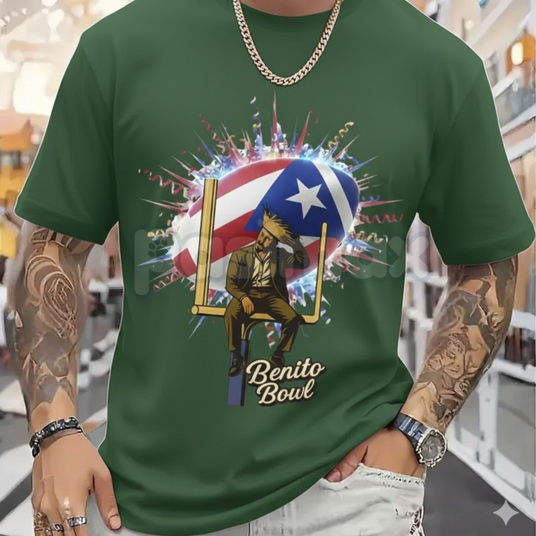 Unisex "Benito Bowl" Football Helmet Star T-Shirt - Bad Bunny Inspired Sports Graphic Tee, Premium Heavyweight Varsity Style Shirt, 100% Cotton Concert Apparel, Latin Urban Artist Football Top, Modern Streetwear Graphic Tee-Pasimax