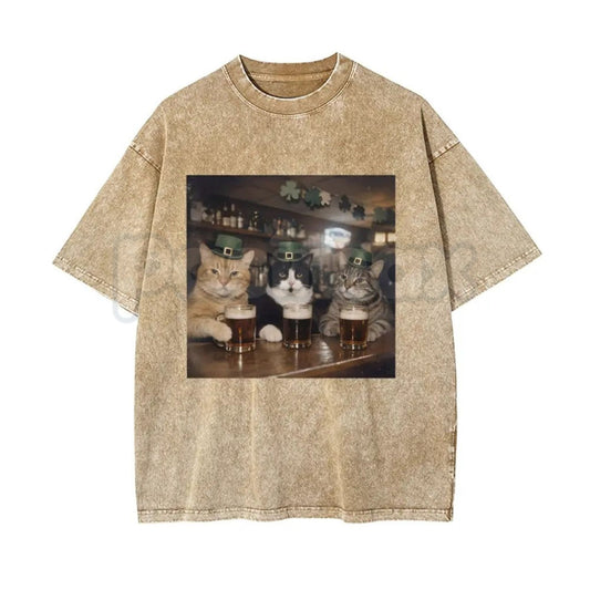 Unisex Cat Vintage Shamrock Washed T-Shirt – Funny Lucky Cat St. Patrick’s Day Graphic Tee-Pasimax