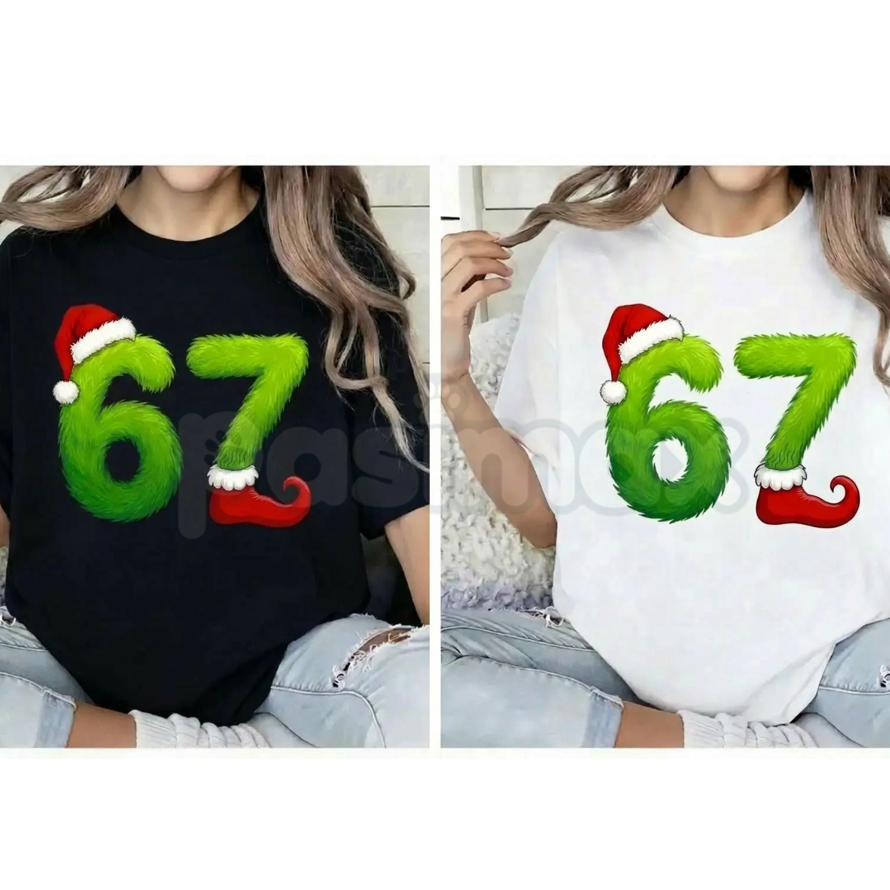 Unisex Funny Gen Z Pop 67 Meme T-Shirt - Green Guy Inspiration Santa Hats Graphic, Niche Viral Humor Tee, Trendy Holiday Meme Apparel-Pasimax