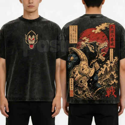 Unisex Great Ape Oozaru Saiyan Vintage Washed T-Shirt – Retro Anime DBZ Graphic Tee, Distressed Acid Wash Lightweight Cotton Streetwear Top-Pasimax