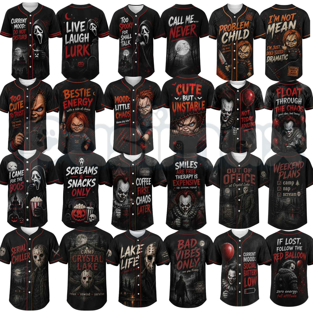 Unisex Horror Graphic Print Baseball Jersey – Slasher Theme Button-Up & Spooky Party Wear-Pasimax