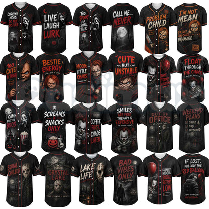 Unisex Horror Graphic Print Baseball Jersey – Slasher Theme Button-Up & Spooky Party Wear-Pasimax