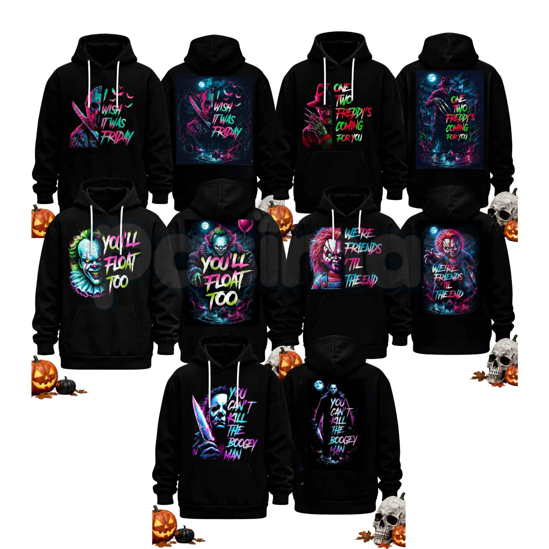 Unisex Horror Movie Villain Double Sided Graphic Hoodie – Retro Neon Scary Character Pullover, Vintage Spooky Halloween Gift Sweatshirt-Pasimax