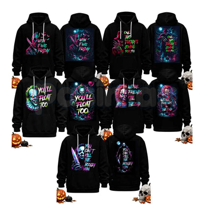Unisex Horror Movie Villain Double Sided Graphic Hoodie – Retro Neon Scary Character Pullover, Vintage Spooky Halloween Gift Sweatshirt-Pasimax