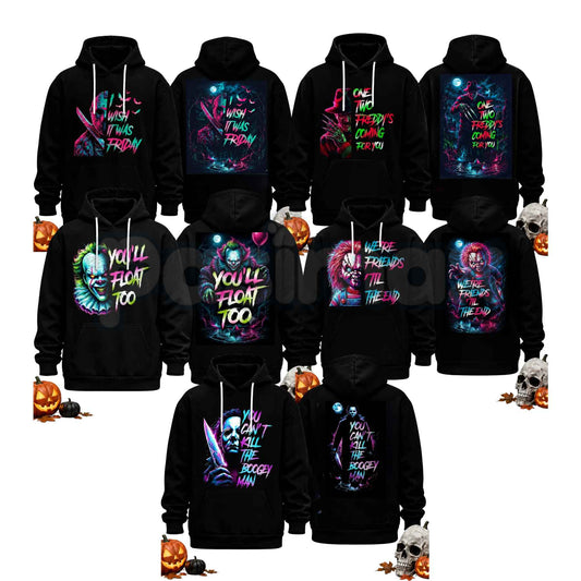 Unisex Horror Movie Villain Double Sided Graphic Hoodie – Retro Neon Scary Character Pullover, Vintage Spooky Halloween Gift Sweatshirt-Pasimax