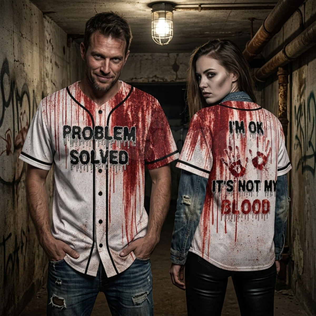 Unisex Horror Theme Graphic Baseball Jersey – Bloody Button-Front Short-Sleeve Halloween Costume Shirt-Pasimax