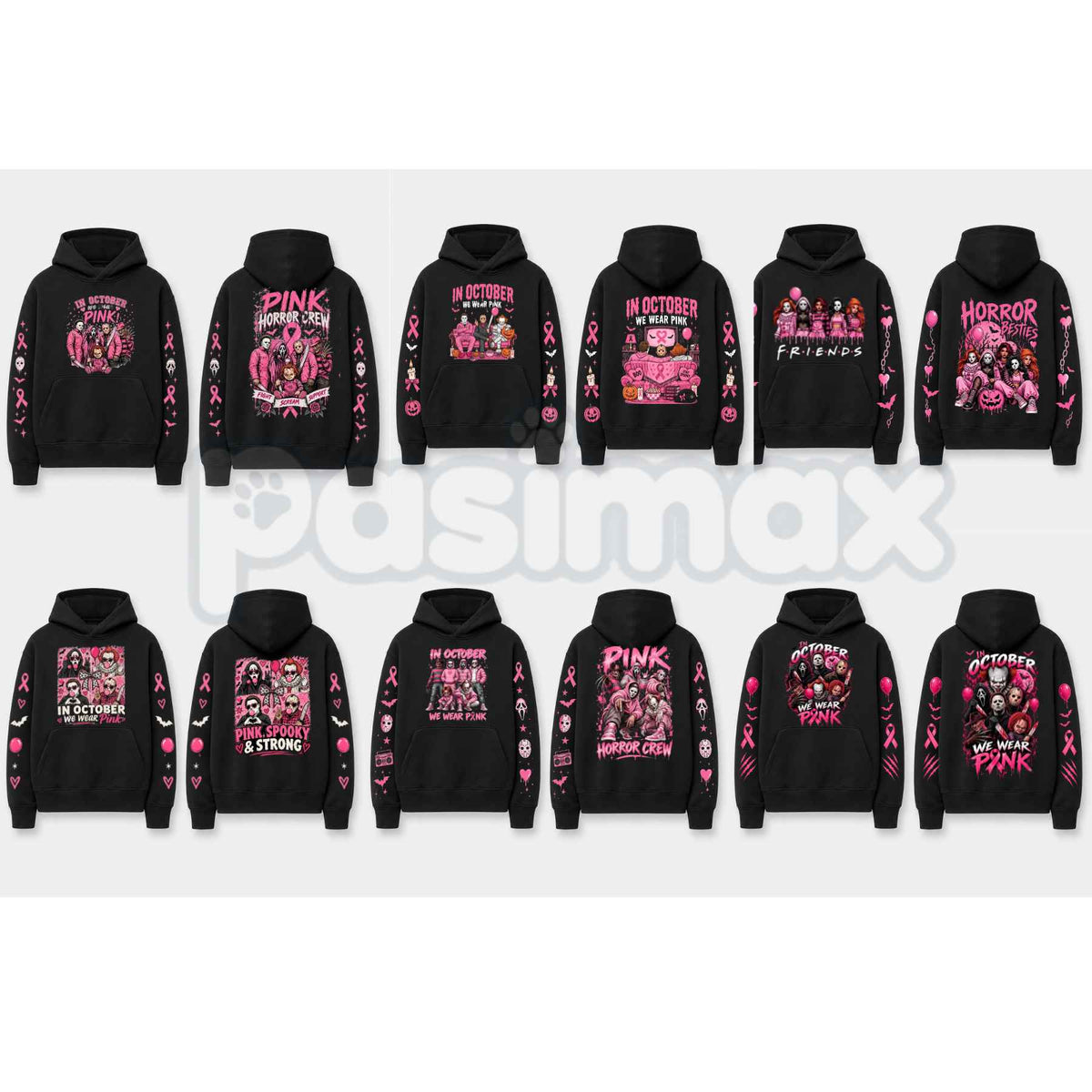 Unisex Pink Breast Cancer Awareness Horror Print Hoodie – Scary Movie Character Graphic Pullover, Halloween Pink Ribbon Support Sweatshirt-Pasimax