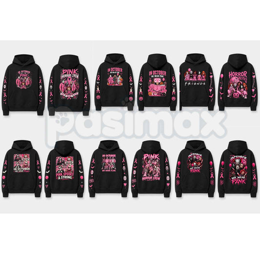Unisex Pink Breast Cancer Awareness Horror Print Hoodie – Scary Movie Character Graphic Pullover, Halloween Pink Ribbon Support Sweatshirt-Pasimax