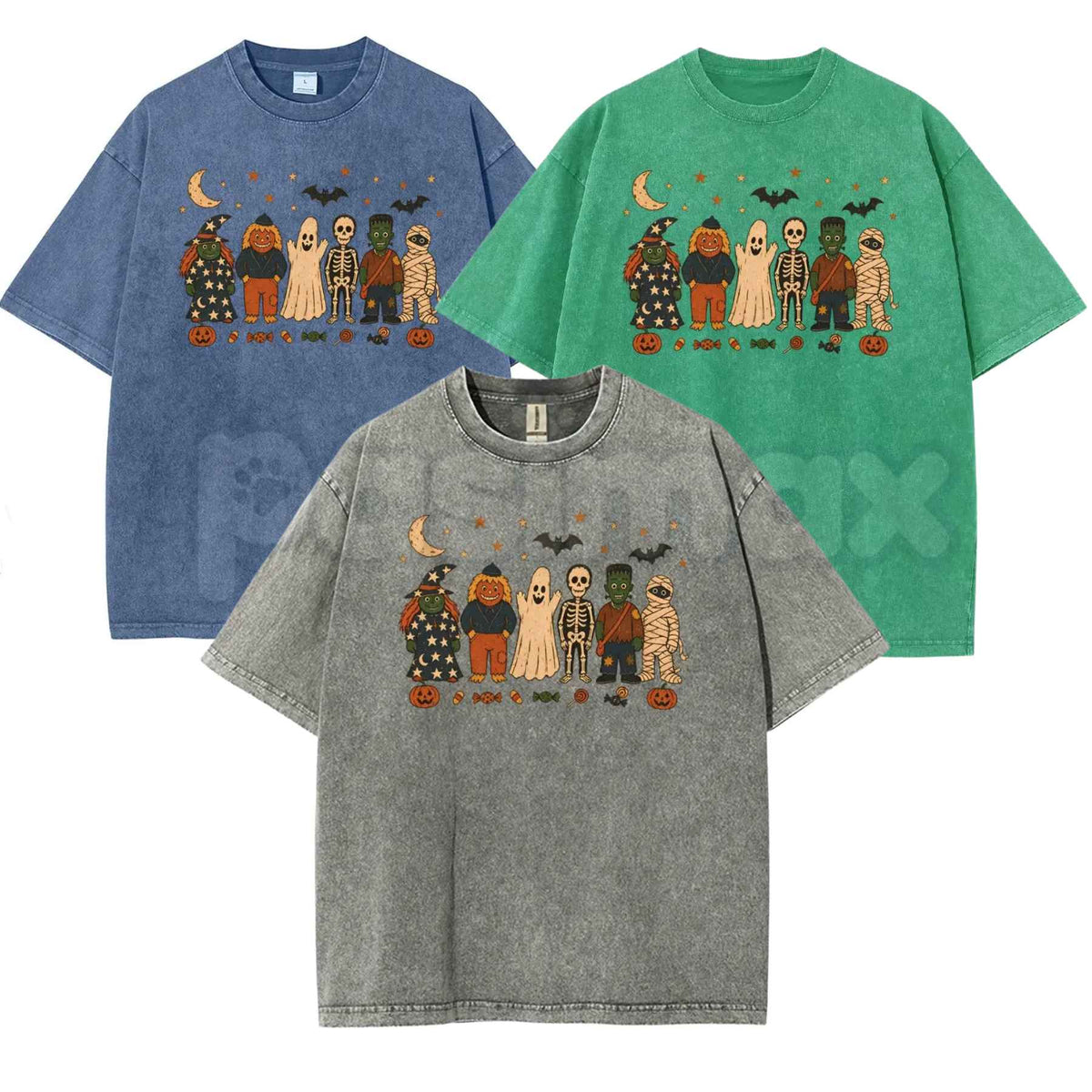 Unisex Witches, Pumpkin Scarecrows, Ghosts, Skeletons Halloween Graphic Washed T-Shirt – Retro Spooky Season Acid Wash Lightweight Cotton Tee-Pasimax