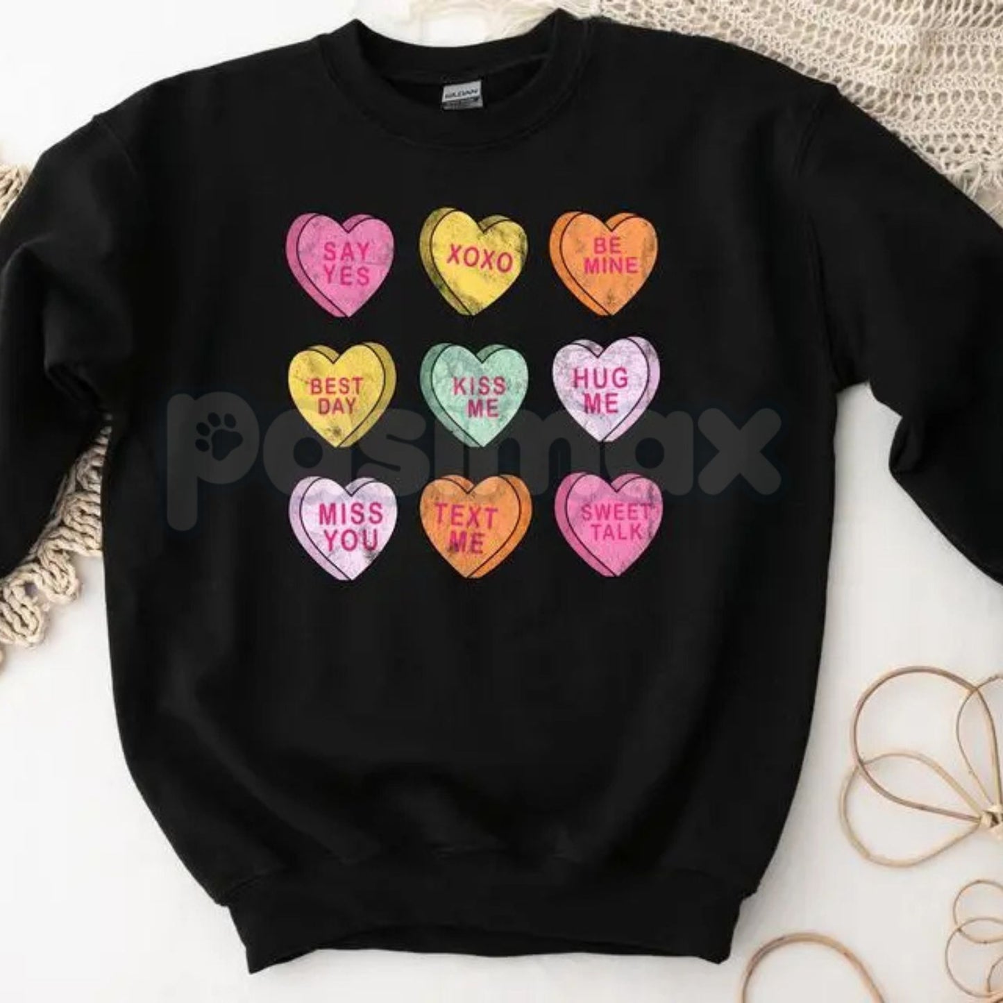 Valentine’s Day Conversation Hearts Sweatshirt | Cute Pastel Heart Shirt | Cozy Valentines Crewneck for Women | Romantic Gift for Her | Trendy Holiday Outfit-Pasimax
