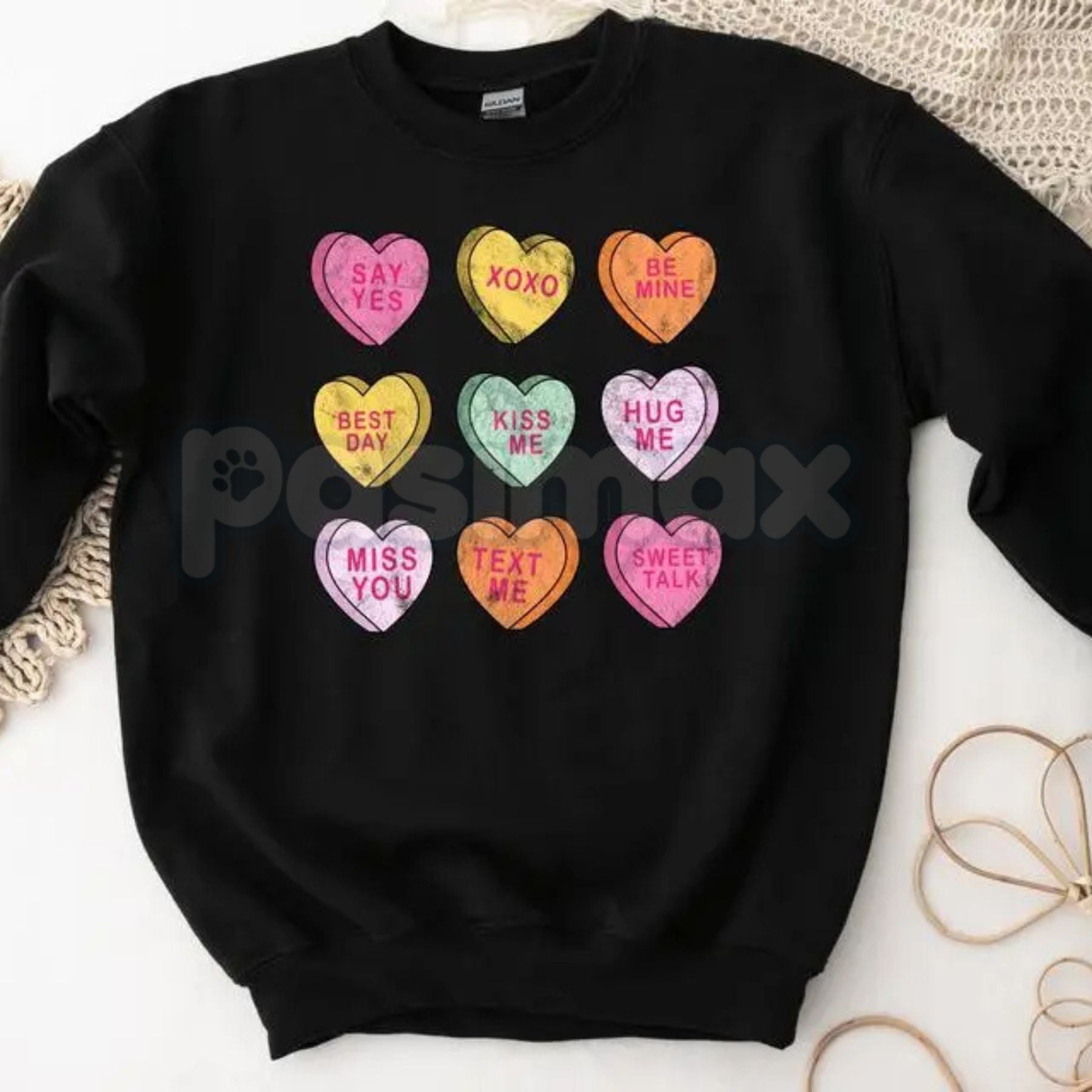 Valentine’s Day Conversation Hearts Sweatshirt | Cute Pastel Heart Shirt | Cozy Valentines Crewneck for Women | Romantic Gift for Her | Trendy Holiday Outfit-Pasimax