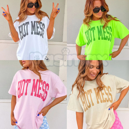 "Varsity Hot Mess" Funny Women's T-Shirt – Retro Collegiate Graphic Tee, Premium 100% Cotton Sarcastic Sports Top, Soft Lived-In Heavyweight Relatable Mom Shirt, Made in USA-Pasimax