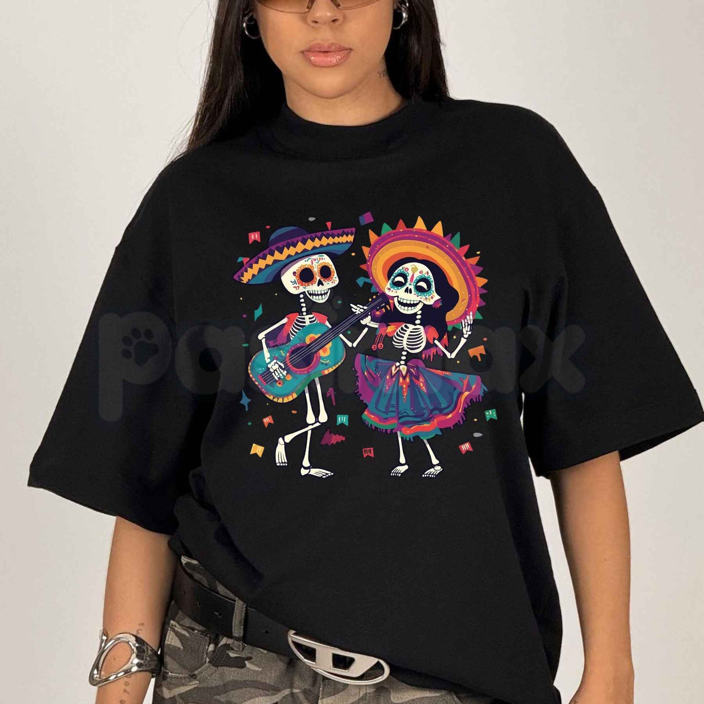 Vibrant Folk Art Skeleton Dance T-Shirt – Dia de los Muertos Unisex Graphic Tee-Pasimax