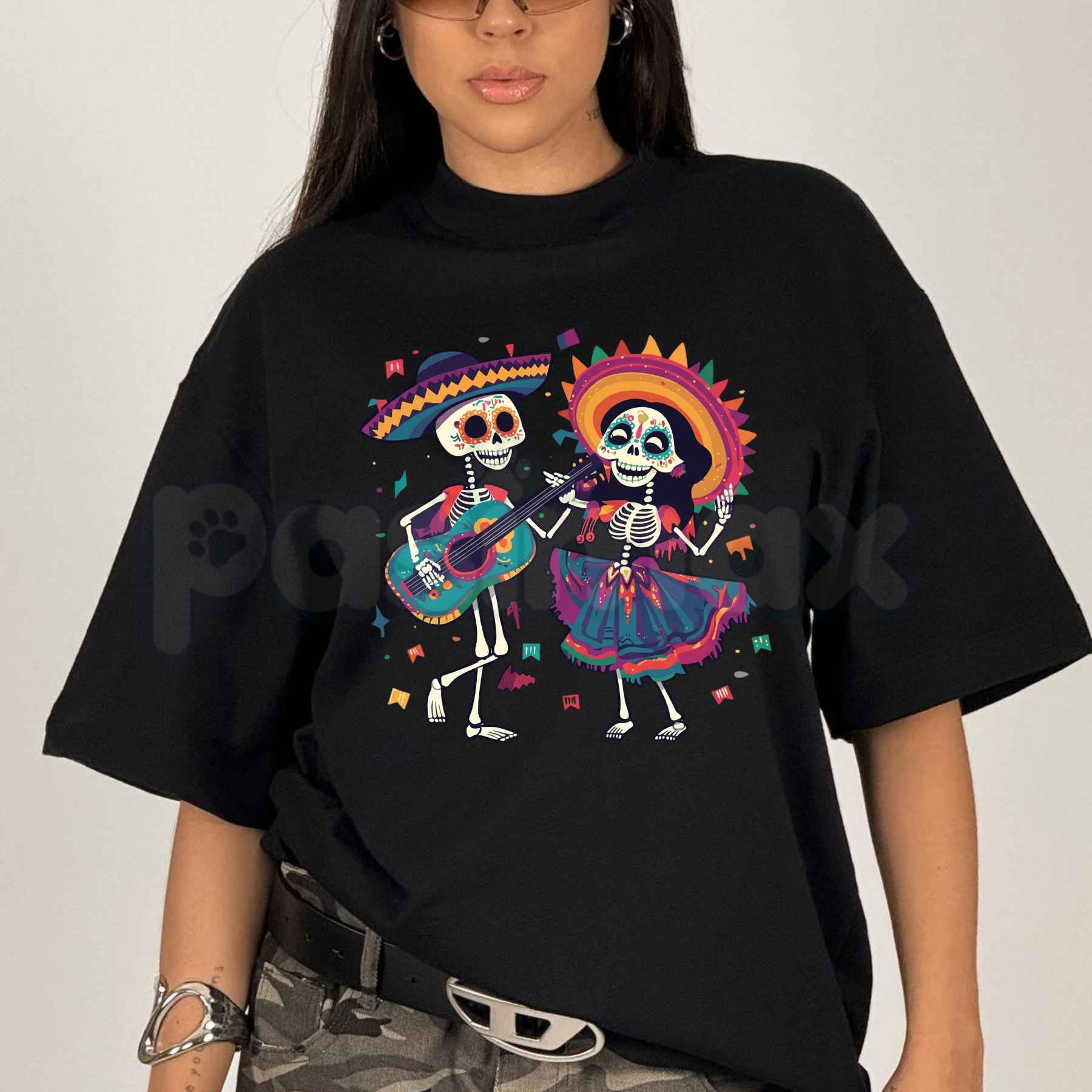 Vibrant Folk Art Skeleton Dance T-Shirt – Dia de los Muertos Unisex Graphic Tee-Pasimax