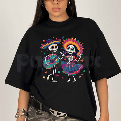 Vibrant Folk Art Skeleton Dance T-Shirt – Dia de los Muertos Unisex Graphic Tee-Pasimax