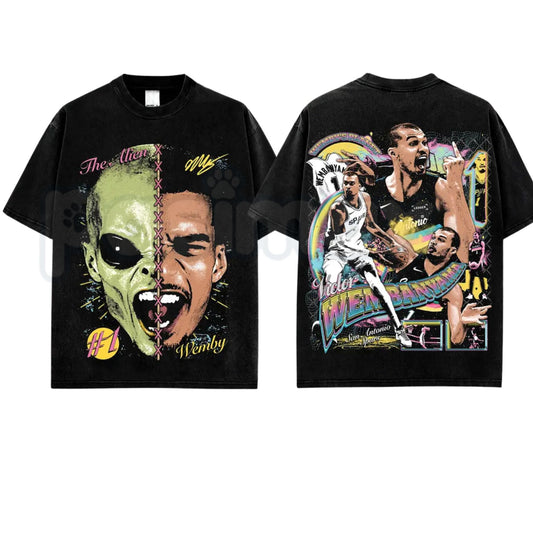 Victor Wembanyama VW1 T-Shirt – Premium Cotton San Antonio Basketball Graphic Tee, Vintage Washed Alien French Prodigy Streetwear-Pasimax