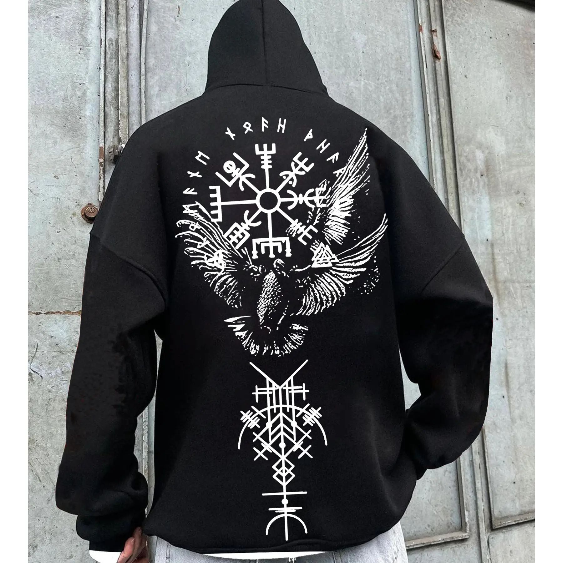 Viking Raven Rune Hoodie – Nordic Vegvisir & Odin Raven Graphic Pullover, Unisex Gothic Streetwear-Pasimax