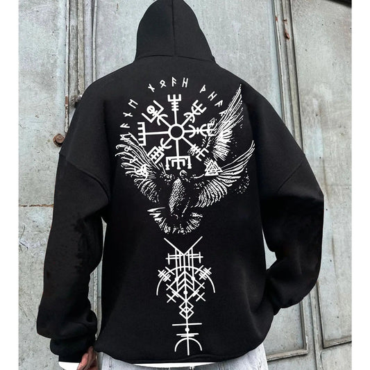 Viking Raven Rune Hoodie – Nordic Vegvisir & Odin Raven Graphic Pullover, Unisex Gothic Streetwear-Pasimax