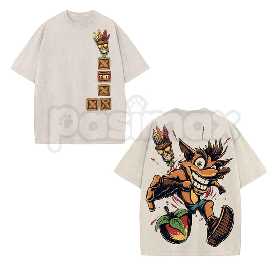 Vintage 90s Crash Bandicoot Oversized Heavyweight Cotton Short-Sleeve Tee – Aku Aku Mask Graphic Retro Gaming Washed Unisex Streetwear Shirt-Pasimax