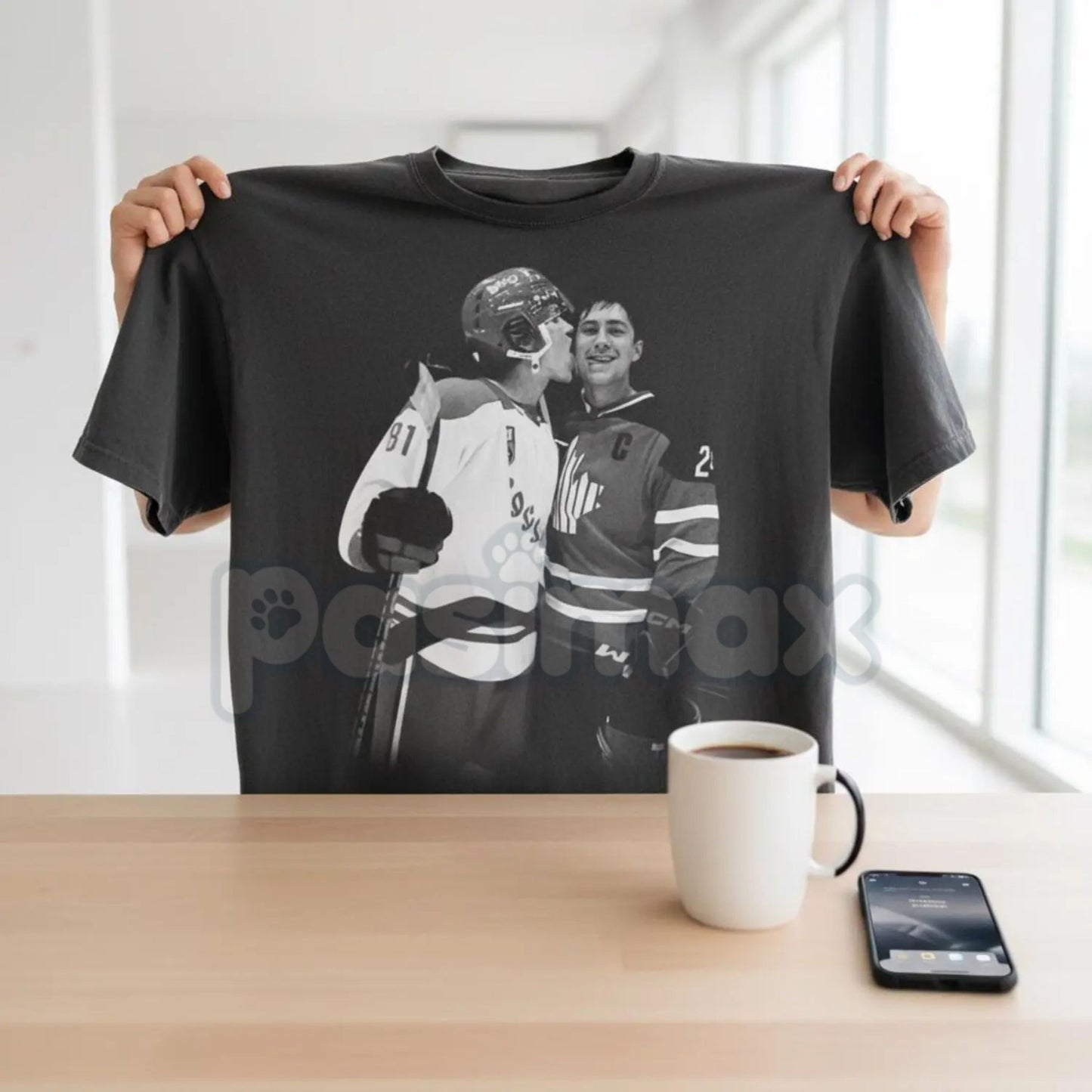Vintage Black and White Hockey Kiss T-shirt - Retro Sports Romance Apparel, Classic Hockey Celebration Tee, Cinematic Ice Rink Graphic Shirt-Pasimax