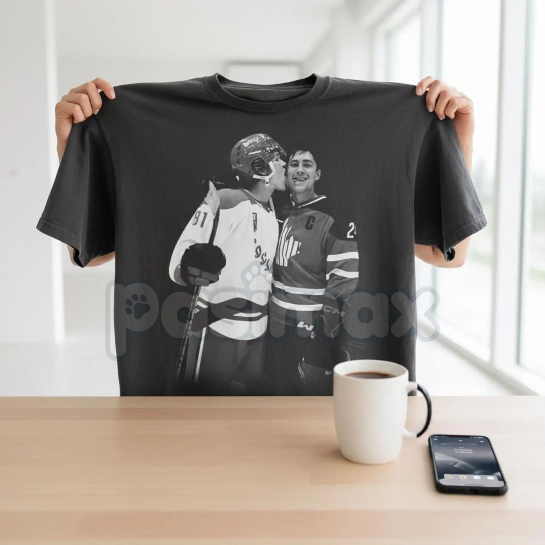 Vintage Black and White Hockey Kiss T-shirt - Retro Sports Romance Apparel, Classic Hockey Celebration Tee, Cinematic Ice Rink Graphic Shirt-Pasimax