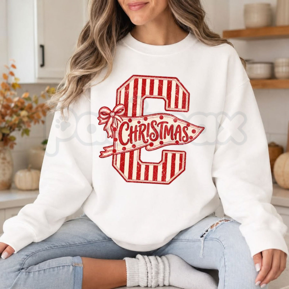 Vintage Coquette Letter C Christmas Sweatshirt | Candy Cane Bow Crewneck-Pasimax