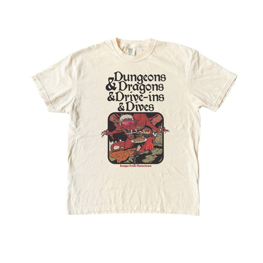 Vintage Food & Fantasy Tee – Dungeons and Dragons and Drive-Ins T-Shirt, Funny Comfort Colors Shirt, Retro Gamer Top, Fantasy RPG Gift-Pasimax