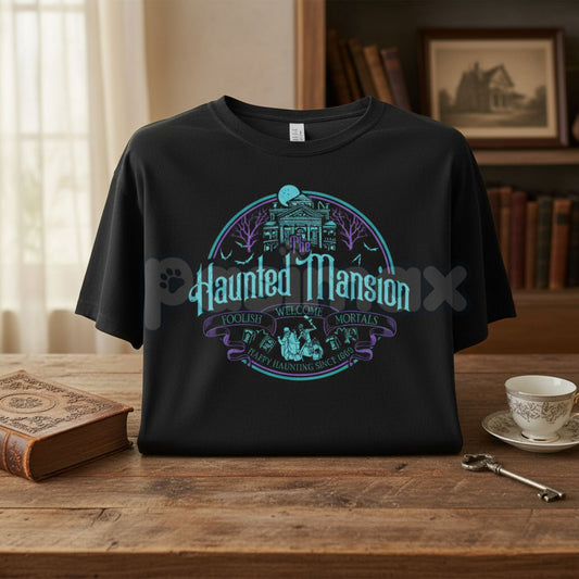 Vintage Haunted Mansion Hitchhiking Ghosts T-Shirt - Retro Halloween "Welcome Foolish Mortals" Tee, Premium 100% Cotton Disney Vacation Top, Funny Spooky Family Trip Shirt, Classic 999 Happy Haunts Graphic, Soft Lived-In Heavyweight Theme Park Apparel-Pasimax