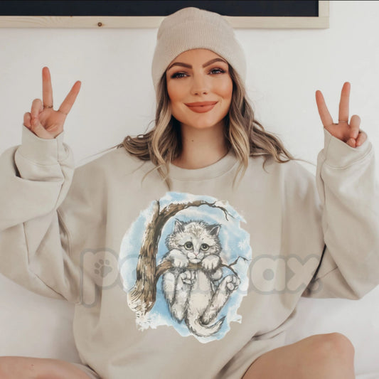 Vintage Kitten Graphic Sweatshirt | Cute Sad Cat in Winter Tree Crewneck | Retro Distressed Kitten Pullover | Coquette Aesthetic Cat Jumper | Whimsical Winter Animal Shirt | Soft Girl Era Cat Lover Gift-Pasimax