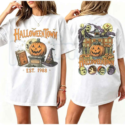 Vintage Pumpkin Witch Spooky Halloween Double-Sided T-Shirt – Retro Gothic Unisex Cotton Tee-Pasimax