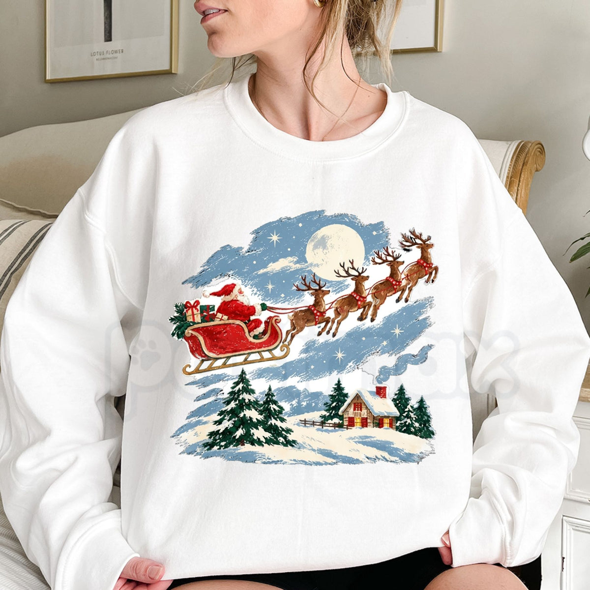 Vintage Santa Sleigh & Reindeer Sweatshirt | Snowy Cottage Winter Graphic Crewneck-Pasimax