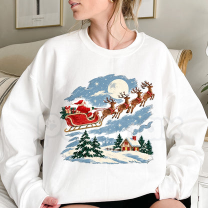 Vintage Santa Sleigh & Reindeer Sweatshirt | Snowy Cottage Winter Graphic Crewneck-Pasimax