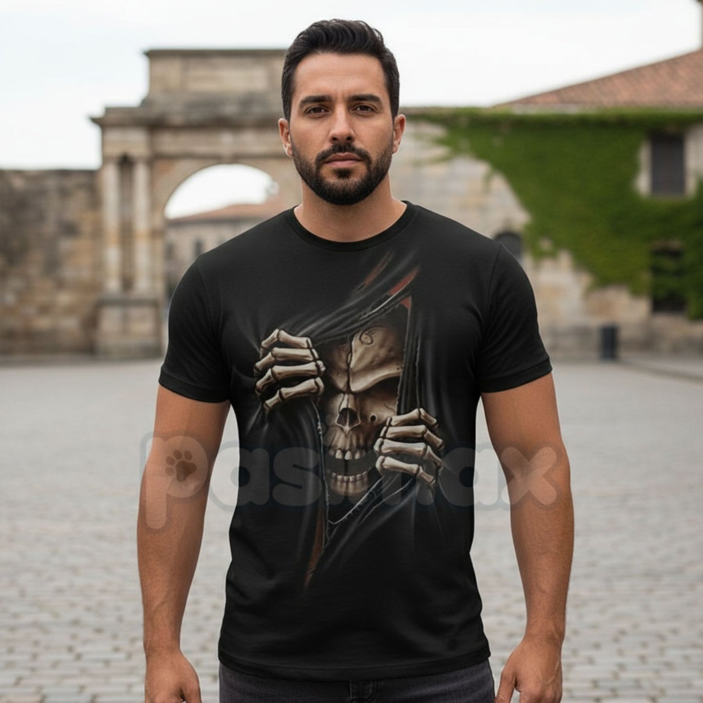 Vintage Skeleton Skull Graphic T-Shirt - Retro Biker Aesthetic Human Skull Tee, Premium 100% Cotton Distressed Streetwear Top, Desert Grunge Rock & Roll Apparel, Soft Lived-In Heavyweight Skeleton Shirt, Made in USA Hand-Drawn Graphic-Pasimax