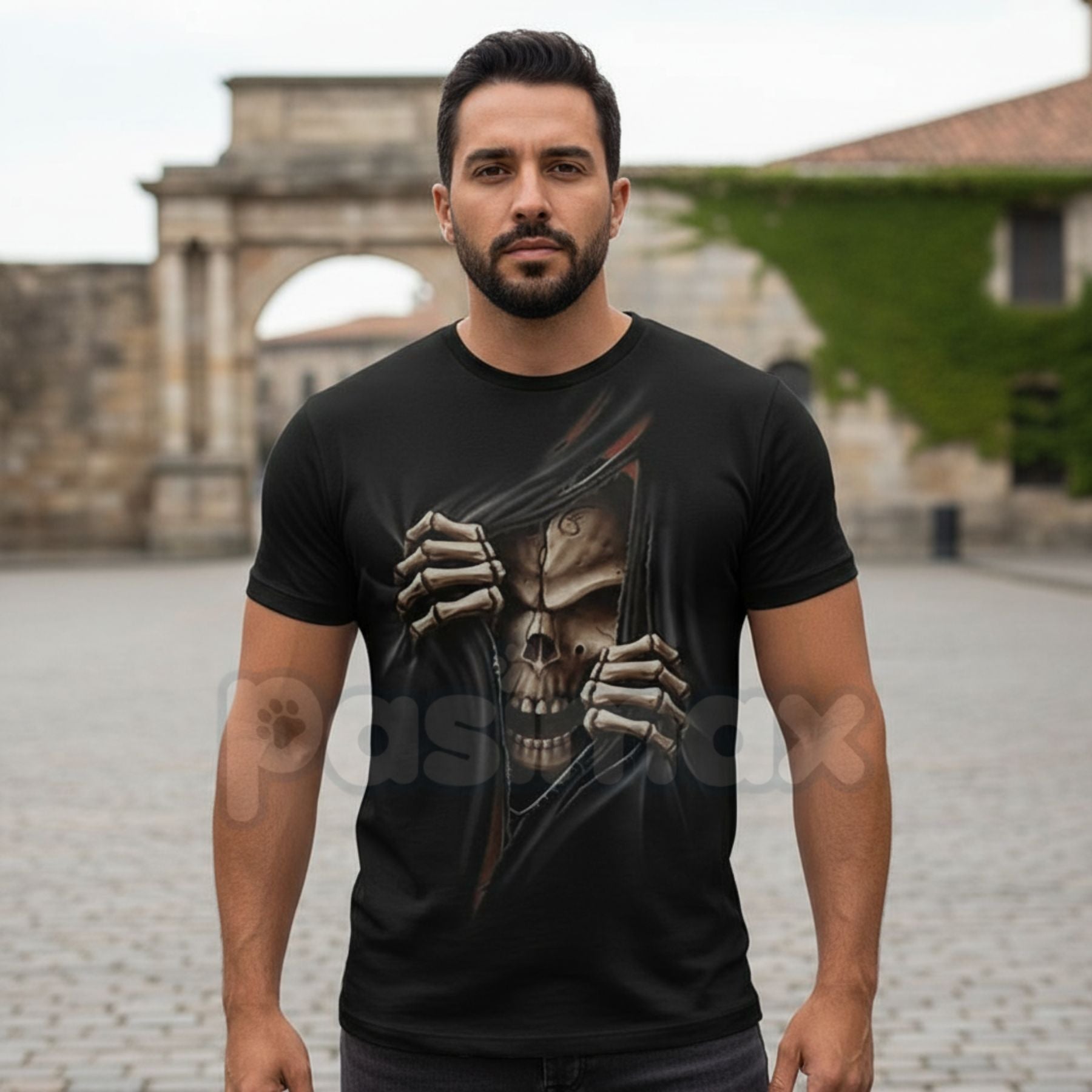 Vintage Skeleton Skull Graphic T-Shirt - Retro Biker Aesthetic Human Skull Tee, Premium 100% Cotton Distressed Streetwear Top, Desert Grunge Rock & Roll Apparel, Soft Lived-In Heavyweight Skeleton Shirt, Made in USA Hand-Drawn Graphic-Pasimax