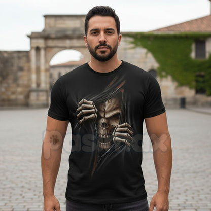 Vintage Skeleton Skull Graphic T-Shirt - Retro Biker Aesthetic Human Skull Tee, Premium 100% Cotton Distressed Streetwear Top, Desert Grunge Rock & Roll Apparel, Soft Lived-In Heavyweight Skeleton Shirt, Made in USA Hand-Drawn Graphic-Pasimax
