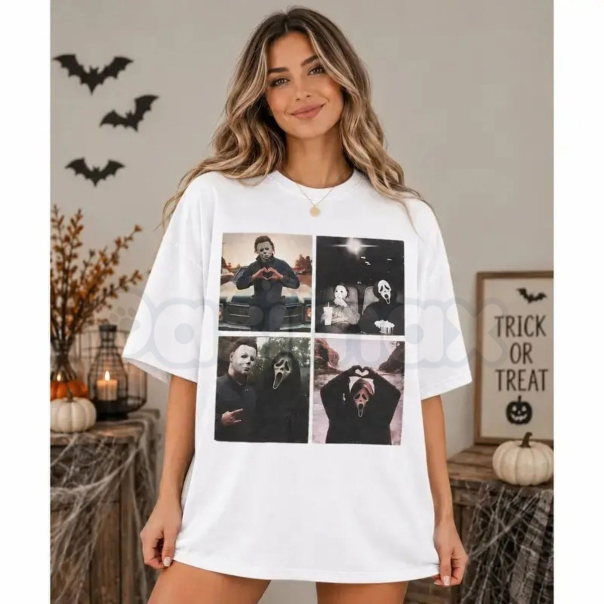 Vintage Slasher Movie Collage T-Shirt – Michael Myers & Ghostface Horror Streetwear Tee-Pasimax