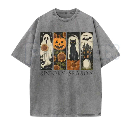 Vintage Spooky Season Four Panel T-Shirt – Retro Ghost Pumpkin Black Cat Haunted House Graphic Tee, Washed Lightweight Cotton Unisex Halloween Top-Pasimax