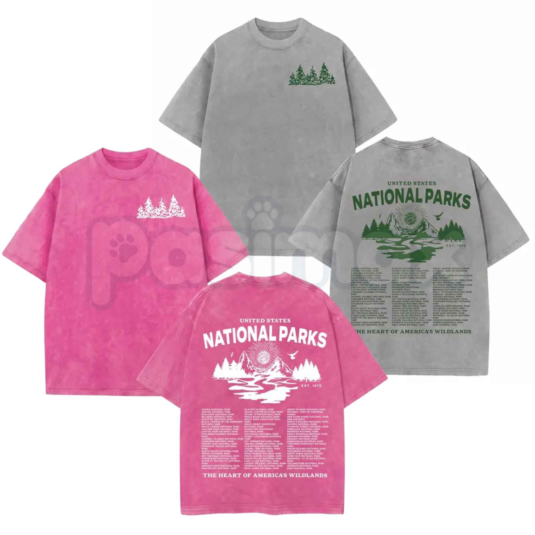 Vintage Wash National Parks Graphic Tee – Oversized Acid Wash T-Shirt, Retro Outdoor Nature Mountain Lightweight Cotton Unisex Top-Pasimax